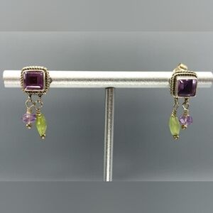 Vintage Artisan Handmade Sterling Silver Amethyst & Prehnite Earrings